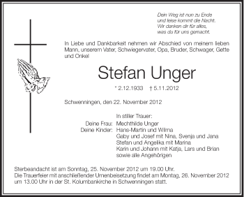 Anzeige von Stefan Unger von Schwäbische Zeitung