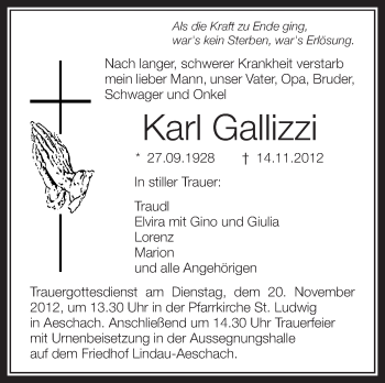 Anzeige von Karl Gallizzi von Schwäbische Zeitung