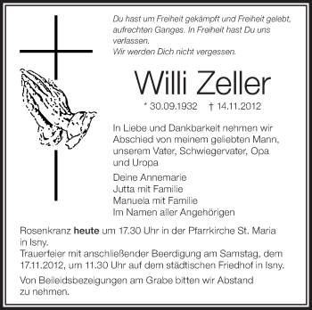 Anzeige von Willi Zeller von Schwäbische Zeitung