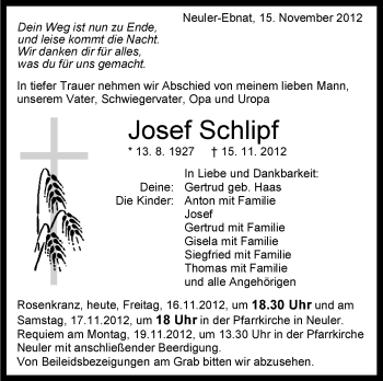 Anzeige von Josef Schlipf von Schwäbische Zeitung
