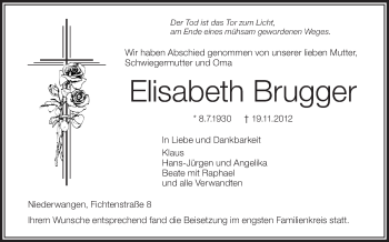 Traueranzeigen Von Elisabeth Brugger | Schwaebische.de Trauerportal