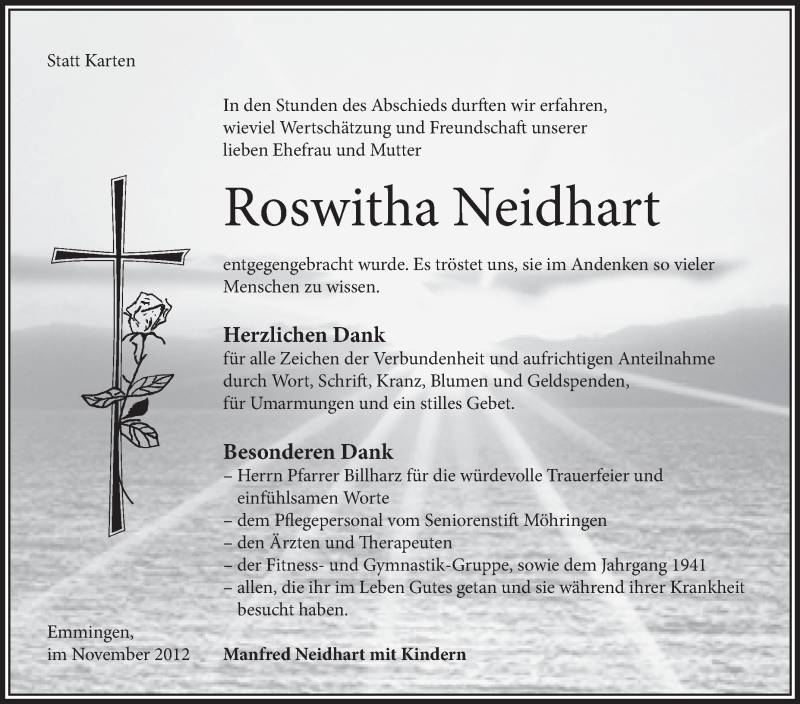 Traueranzeigen Von Roswitha Neidhart Schwaebische De Trauerportal My