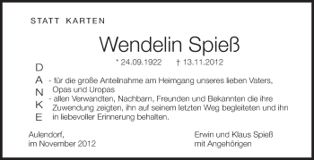 Anzeige von Wendelin Spieß von Schwäbische Zeitung