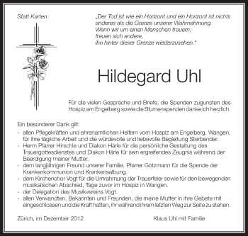 Anzeige von Hildegard Uhl von Schwäbische Zeitung