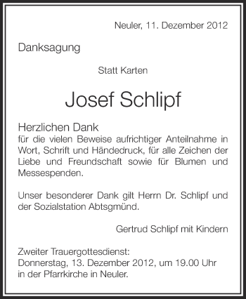 Anzeige von Josef Schlipf von Schwäbische Zeitung