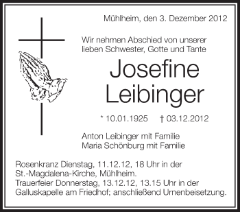 Anzeige von Josefine Leibinger von Schwäbische Zeitung