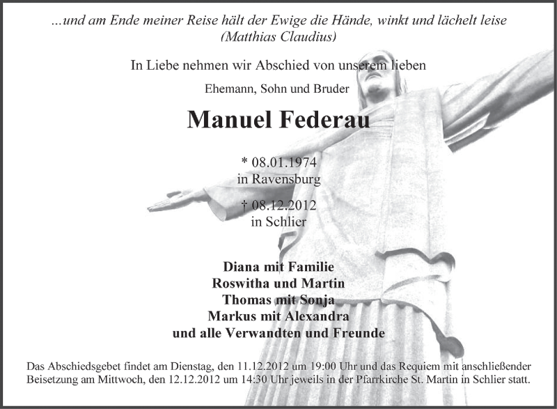  Traueranzeige für Manuel Federau vom 10.12.2012 aus Schwäbische Zeitung