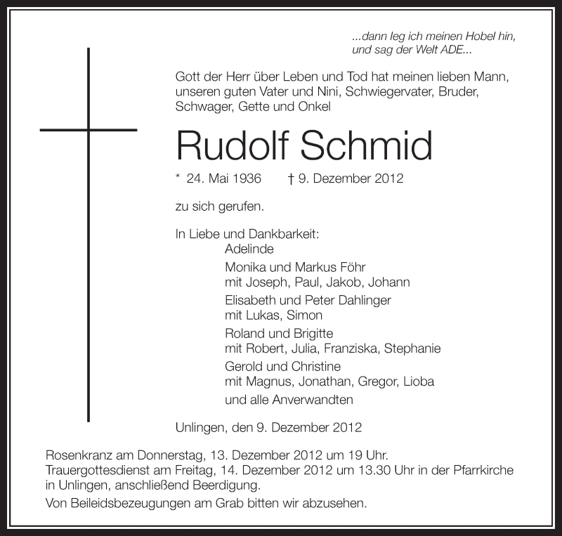  Traueranzeige für Rudolf Schmid vom 12.12.2012 aus Schwäbische Zeitung