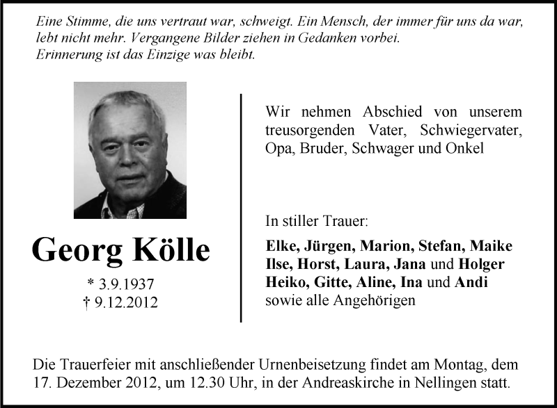  Traueranzeige für Georg Kölle vom 14.12.2012 aus Schwäbische Zeitung