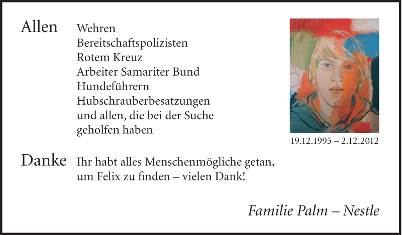  Traueranzeige für Felix Palm vom 19.12.2012 aus Schwäbische Zeitung