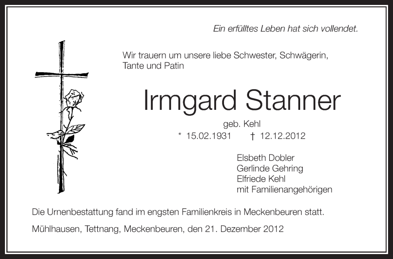  Traueranzeige für Irmgard Stanner vom 21.12.2012 aus Schwäbische Zeitung