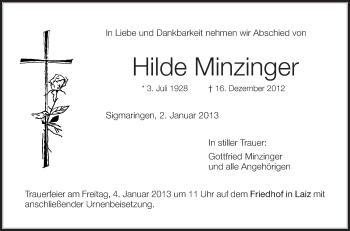 Anzeige von Hilde Minzinger von Schwäbische Zeitung