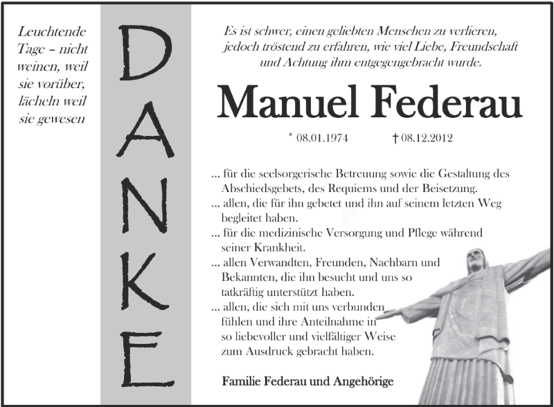  Traueranzeige für Manuel Federau vom 27.12.2012 aus Schwäbische Zeitung