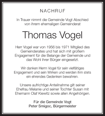 Anzeige von Thomas Vogel von Schwäbische Zeitung