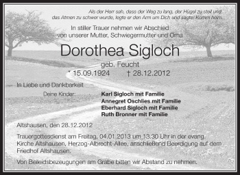 Anzeige von Dorothea Sigloch von Schwäbische Zeitung