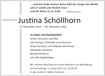 Anzeige von Justina Schöllhorn von Schwäbische Zeitung