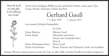 Anzeige von Gerhard Gauß von Schwäbische Zeitung
