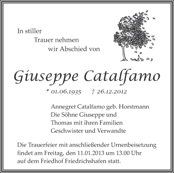 Anzeige von Giuseppe Catalfamo von Schwäbische Zeitung