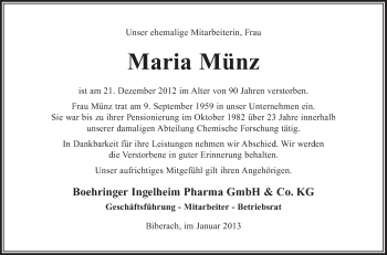 Anzeige von Maria Münz von Schwäbische Zeitung