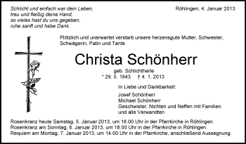 Anzeige von Christa Schönherr von Schwäbische Zeitung