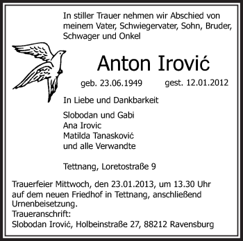 Anzeige von Anton Irovic von Schwäbische Zeitung