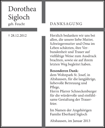Anzeige von Dorothea Sigloch von Schwäbische Zeitung