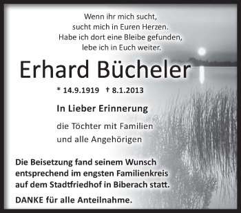 Anzeige von Erhard Bücheler von Schwäbische Zeitung