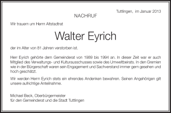 Anzeige von Walter Eyrich von Schwäbische Zeitung