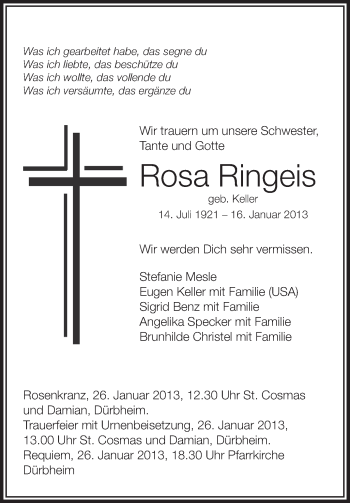 Anzeige von Rosa Ringeis von Schwäbische Zeitung