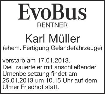 Anzeige von Karl Müller von Schwäbische Zeitung