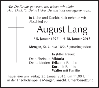 Anzeige von August Lang von Schwäbische Zeitung