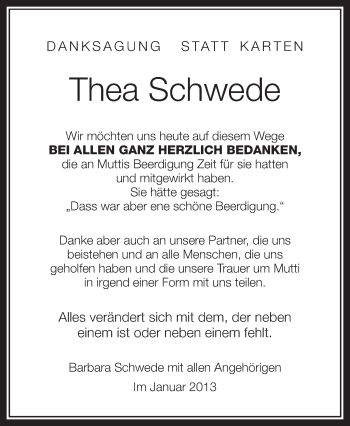 Anzeige von Thea Schwede von Schwäbische Zeitung