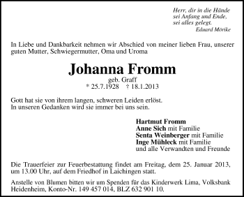 Anzeige von Johanna Fromm von Schwäbische Zeitung