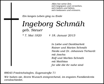 Anzeige von Ingeborg Schmäh von Schwäbische Zeitung