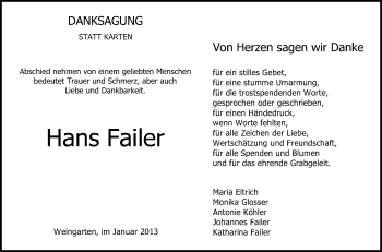 Anzeige von Hans Failer von Schwäbische Zeitung