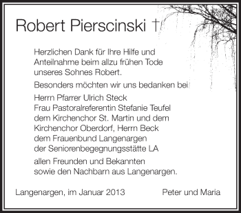 Anzeige von Robert Pierscinski von Schwäbische Zeitung