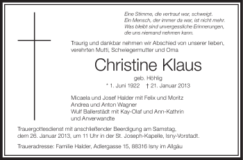 Anzeige von Christine Klaus von Schwäbische Zeitung