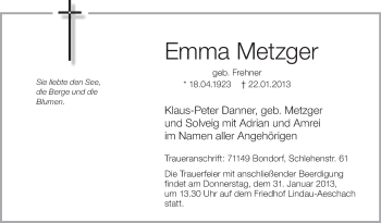 Anzeige von Emma Metzger von Schwäbische Zeitung
