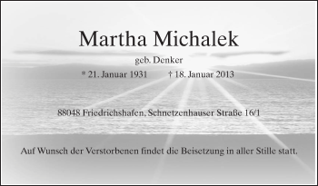 Anzeige von Martha Michalek von Schwäbische Zeitung