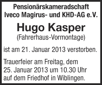 Anzeige von Hugo Kasper von Schwäbische Zeitung