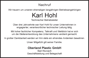 Anzeige von Karl Hohl von Schwäbische Zeitung