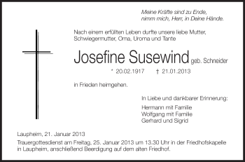 Anzeige von Josefine Susewind von Schwäbische Zeitung