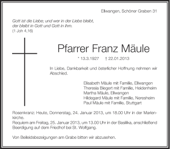 Anzeige von Franz Mäule von Schwäbische Zeitung
