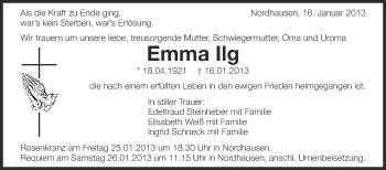 Anzeige von Emma Ilg von Schwäbische Zeitung