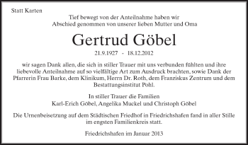 Anzeige von Gertrud Göbel von Schwäbische Zeitung