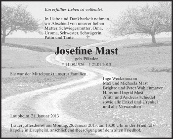 Anzeige von Josefine Mast von Schwäbische Zeitung