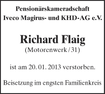Anzeige von Richard Flaig von Schwäbische Zeitung