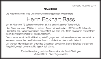 Anzeige von Eckhart Bass von Schwäbische Zeitung