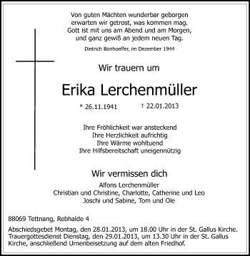 Anzeige von Erika Lerchenmüller von Schwäbische Zeitung