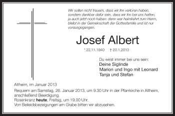 Anzeige von Josef Albert von Schwäbische Zeitung